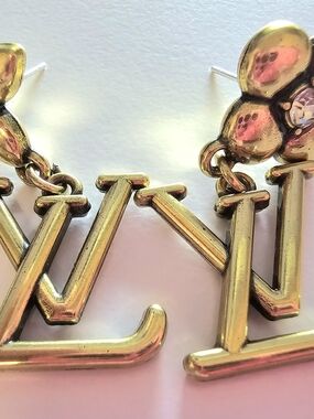Louis Vuitton Gold Tone LV Drop Earrings with Floral Accents